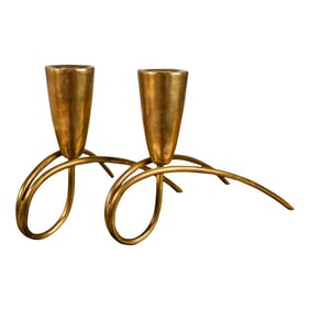 Set of 2 Mid-Century Modern Bauhaus Solid Brass Candlestick Holders Attributed to GÃ¼nter