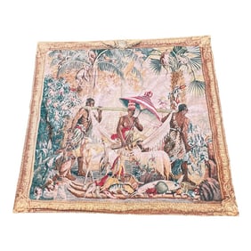Vintage French Silk Screen Life of Aborigines in the Amazon Region Tapestry From South Florida Estat
