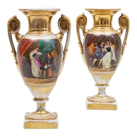 A Pair of 19th Century French Empire Vases Old Paris Porcelain Gilt Ground Pastoral and Figural Mant