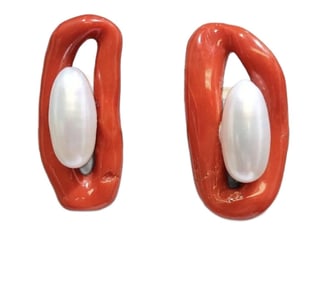 Pair of Natural Coral Loops and Freshwater Pearl Earrings in 18k Yellow Gold.