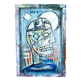 1990s Contemporary Outsider Tramp Art Portrait of a Man Skull in the Style of Jean Michel Basquiat