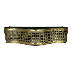 Rare Mid Century Gold Metal Basketweave Design Serpentine Shape Cachepot Planter With Liner, Made in