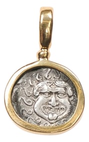 Antique A Silver Drachm Trimmed W 22k Gold and Fixed Bale
