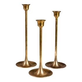Set of 3 Mid-Century Modern Bauhaus Graduated Brass Tulip-Shaped Candlestick Holders, Usa, Circa 196