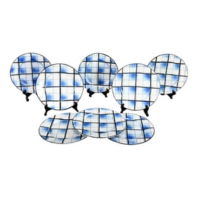 Mid-20th Century Erphila Edinburgh Blue Plaid Pottery Dinner Plates Made in Italy Set of 8