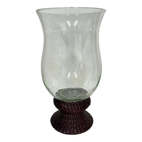 Vintage Hurricane Globe Candleholder With Dark Brown Woven Wicker Base Farmhouse, French Country, Ru