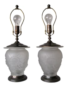Frosted Lalique Style Glass Lamps - a Pair
