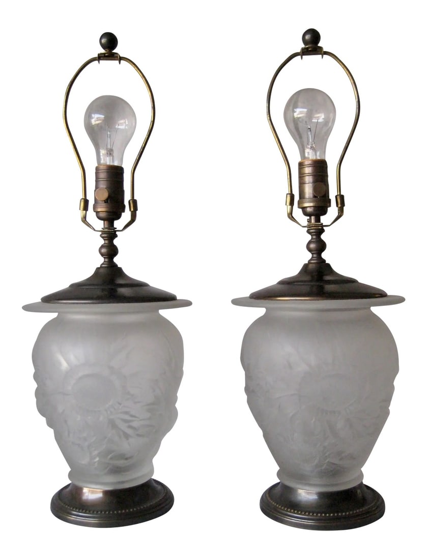 Frosted Lalique Style Glass Lamps - a Pair (1 of 9)