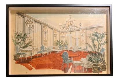 1960s Original William Simmons Framed Hand-Drawn Watercolor Rendering "The Salón"