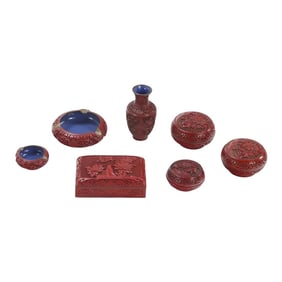 Early 1900s Chinese Cinnabar Lacquerware Set Including Four Boxes, Two Ashtrays and a Vase- 7 Pieces