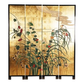 Vintage Gold Leaf Lacquer Asian-Inspired Four-Panel Folding Screen