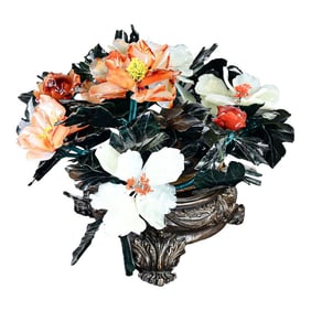 20th Century Chinese Hand Carved Carnelian Hardstone Floral Centerpiece & Cast Bronze Base