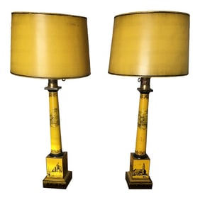Pair of Antique Tole Lamps With Napoleon Transfer