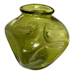 Large 1950s Winslow Anderson for Blenko Attributed Dimpled Lime Green Chartruse Art Glass Vessel