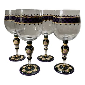 Large 1990s Mackenzie-Childs Style Hand Painted Checkerboard and Cabbage Rose - Set of 4