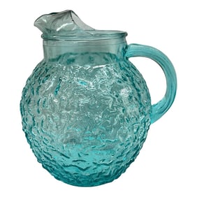 Vintage 1960s Anchor Hocking Lido Milano Crinkle Glass Pitcher in Aquamarine