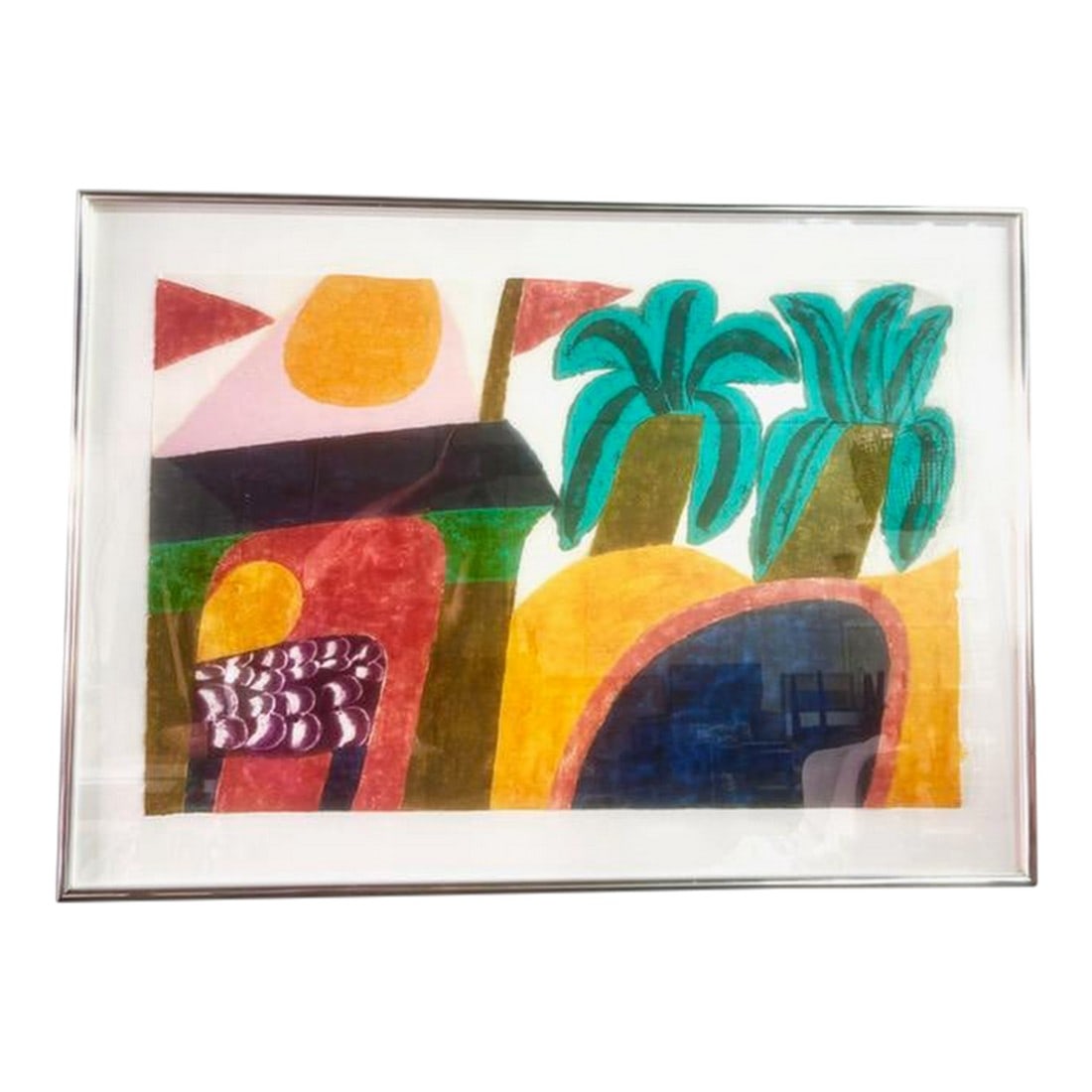 1980s Original Signed Carol Summers "Basholi" Woodcut, Framed: A large impressive woodblock work by Carol Summers. This piece is titled "Basholi" and numbered 62/125. It is set in a silver tone 31" x 44" metal frame behind glass. Signed, numbered and titled in pe