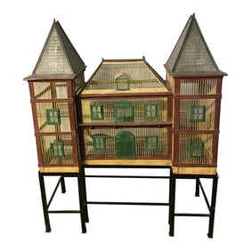 French Antique Birdcage, Paint Wire and Pewter on Stand