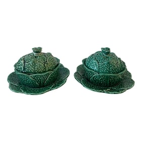 Pair of French Majolica Small Green Cabbage Covered Tureens, by Sarreguemines