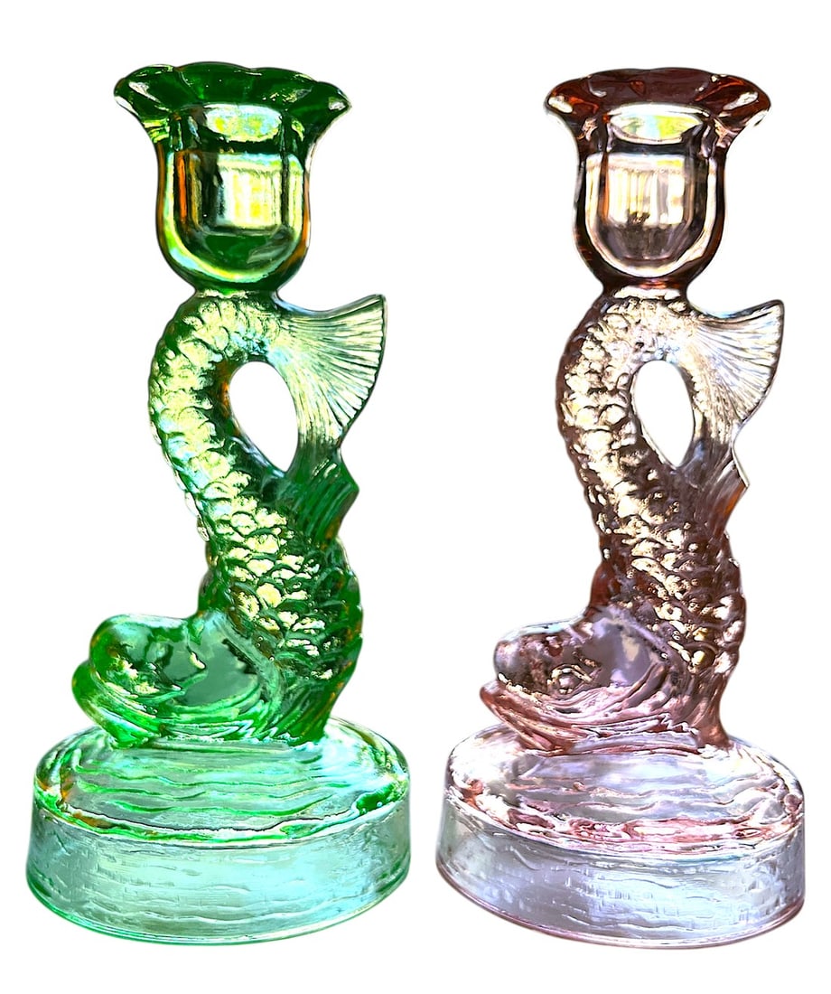 1930s Rose Pink and Uranium Glass Green Dolphin Koi Fish Candle Stick Holders by Tiffin - A Pair (1 of 11)