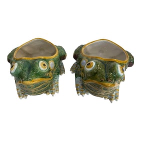 Pair Portuguese Majolica Byzantine Frog, Raphael Bordallo Pinheiro, 1846-1905