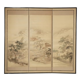 Large Antique Asian 3-Panel Folding Screen With Ink Painting