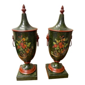 Pair of Early 20th Century Italian Regency Tole-Peinte Chestnut Urns