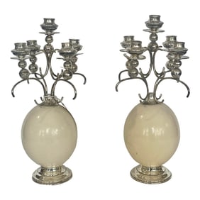 English Ostrich Eggs & Silver Candelabras, Attributed to Anthony Redmile