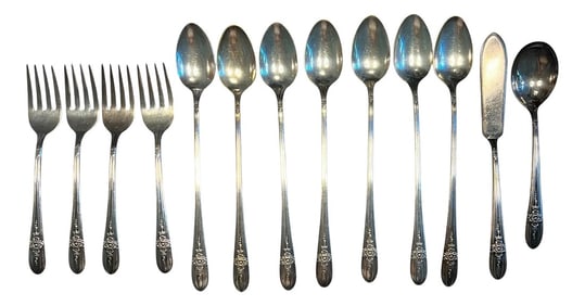 Wm. Rogers Brothers Silverplate "First Love", Long Teaspoons, Appetizer Forks, Sugar Spoon, Pat