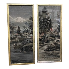 Early 20th Century Japanese Hand Painted Mountain Motif on Fabric
