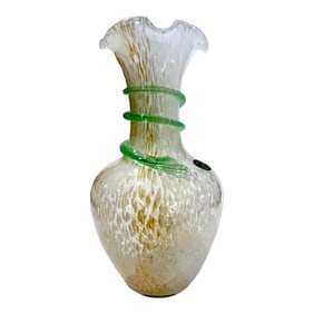 1990's Murano Glass Vase in White and Amber With Applied Green Tendril/Leaf