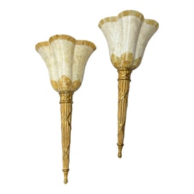 Vintage Coastal Palm Beach Style Art Nouveau Torche Wall Sconces - A Pair