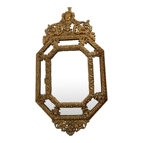 French Napoleon III Octogonal Repoussé Brass Mirror, 19Th. Century,