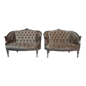 1930s French Carved Silver Gilt Velvet Tufted Settees, Pair