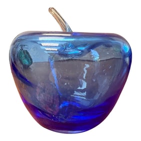 1980s Blenko Blue Apple With Clear Stem, Original Label