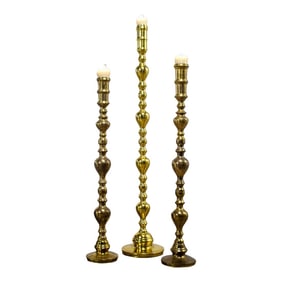 20th Century Moroccan Bohemian & Boho Chic Style Set of 3 Tiered Turned Brass Floor Candlesticks
