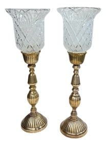 Vintage Fluted Brass Candleholder With Frosted Cut to Clear Pressed Design Hurricane Globe - A Pair