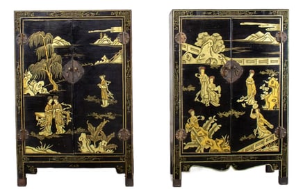 19th to 20th Century Pair of Japanese Textured Black Lacquer Chests W/Hand Painted Asian Details