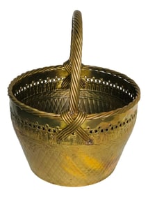 1980s Heavy Brass Planter Basket W/Rope Twist Handle