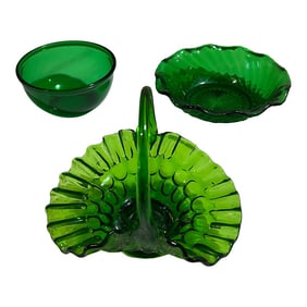 1970s Green Glass Collection of Decorative Bowls- Set of 3