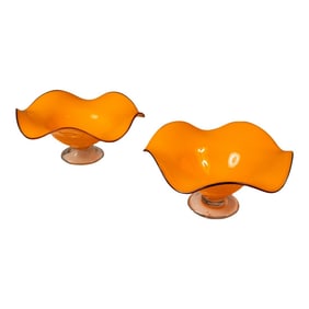Set of 2 Teleflora Blown Art Glass Serving Bowls in Vibrant Orange & Clear Pedestal Bases, Usa, Circ