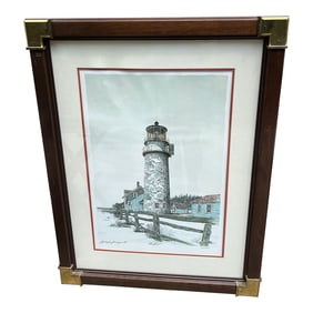 1970s Signed Lighthouse Lithograph in Frame With Brass Corners, New York