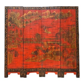 Chinoiserie Red & Gold Painted Lacquer 4 Panel Screen With Black & Gold Border