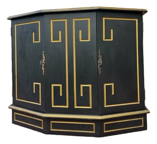 Hollywood Regency Black & Gold Trapezoid Credenza or Bath Vanity Cabinet in the Style of Dorothy Dra
