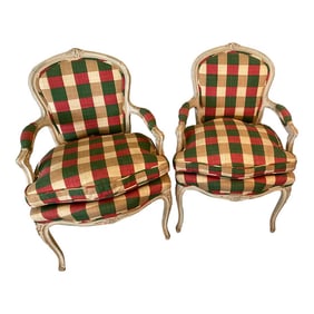 Pair of Antique French Arm Chairs With Down Cushions White Paint