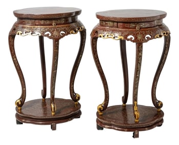 Pair of Chinese Painted & Lacquered Parcel Gilt Chinoiserie Tall Pedestals