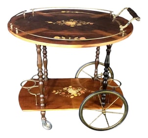 Italian Marquetry Lacquered Drop Leaf Walnut and Brass Bar Cart