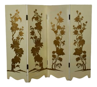 Painted Off White Hollywood Regency BoHo Chic Four Panel Folding Screen With Floral Embossed Design