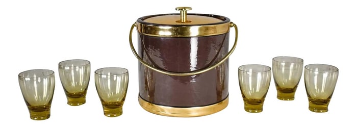 Vintage Mid-Century Modern Brown Vinyl & Gold Kraftware Ice Bucket and 6 Bar Glasses Style of Russel