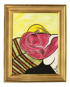 1990s Cubist Style Portrait of a Woman With Yellow Hair Acrylic Painting, Framed